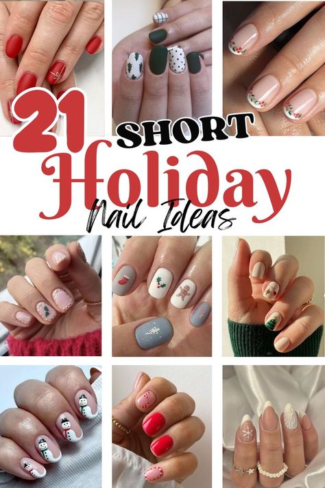 This post has 21 short holiday nail ideas to try this season. Also covering: Christmas nail ideas, best holiday nails, cute holiday nails, and sparkly nail ideas. Christmas Short Nail Art Designs, December Nails Ideas Short, Christmas Nail Design Short Nails, Easy Diy Christmas Nails Short, Christmas Nail Designs Holiday Short, Dip Nail Shapes Short, Simple Christmas Nails Oval Short, Minimalist Holiday Nails Short, Simple Short Holiday Nails