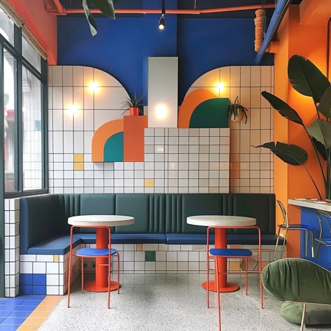 Fun Restaurant Interior, Hipster Cafe Interior, Color Restaurant Design, Quirky Cafe Interior, Colorful Restaurant Design, Retro Restaurant Design, Memphis Design Interior, Modern Diner, Cafe Branding Design