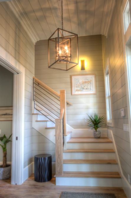 Foyer Lighting Fixtures Entryway, Farmhouse Staircase, Farmhouse Foyer, Foyer Staircase, Foyer Lighting Fixtures, Farmhouse Entryway, Staircase Railings, Foyer Decorating, Cabin Ideas