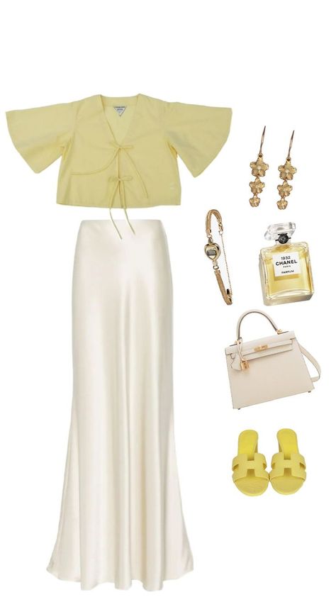 outfit inspo butter yellow aesthetic hermes chanel silk skirt Butter Yellow Outfit, Yellow Outfit, Butter Yellow, Yellow Aesthetic, Aesthetic Collage, Silk Skirt, Classy Outfits, Butter, Chanel