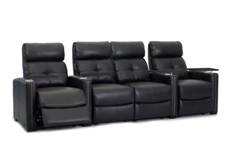 4 Person Recliner Couch | Wayfair Theatre Chairs, Theater Chairs, Theater Recliners, Recliner Couch, Space Saving Design, Leather Wall, Home Theatre, Wine Glass Holder, Theater Seating