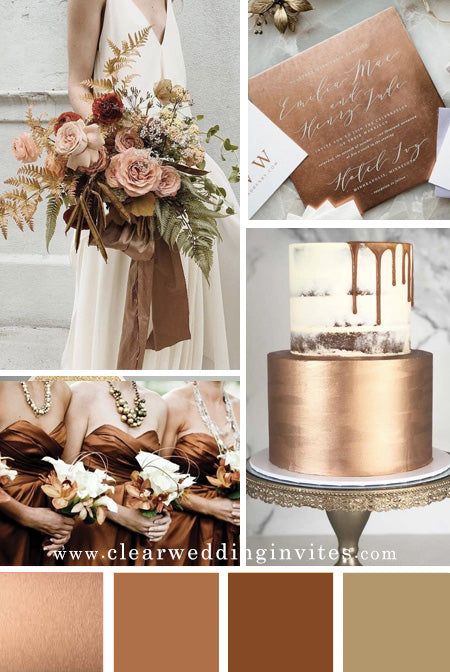 Rose Gold And Bronze Wedding Theme, White Gold Brown Wedding, Wedding Combination Colors, Copper Brown Wedding Theme, Copper Champagne Wedding, Wedding Linens Ideas Color Schemes, Brown Color Palette Wedding, Unique Wedding Theme Colors, Shades Of Brown Wedding