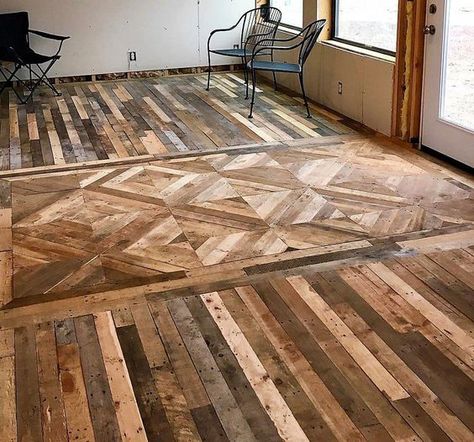 Recycled Pallet Flooring Wood Pallet Flooring, Pallet Stairs, Pallet Floors, Ranch Ideas, Recycled House, Wooden Pallet Furniture, Floor Ideas, Pallet Creations, Wooden Pallet Projects