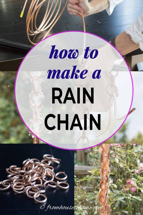 This homemade copper rain chain is awesome! The tutorial has simple step-by-step instructions for making the rain chain and the rain chain installation. It looks beautiful when it's hung up on the house. One of my favorite water features! | Garden Art Make A Rain Chain, How To Make A Rain Chain, Rain Chain Installation, Rain Chain Diy, Rain Chain Garden, Copper Rain Chain, Chain Tutorial, Copper Rain Chains, Rain Chains