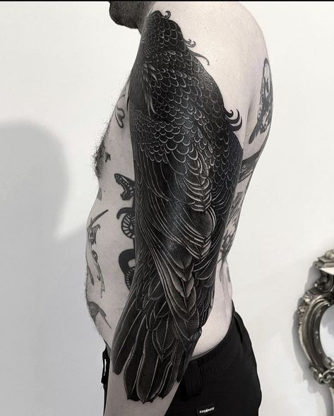 Japanese Crow Tattoo, Crow Tattoo For Men, Alexander Grim, Bird Tattoos Arm, Crow Tattoo Design, Solid Black Tattoo, Blackout Tattoo, Epic Tattoo, Demon Tattoo