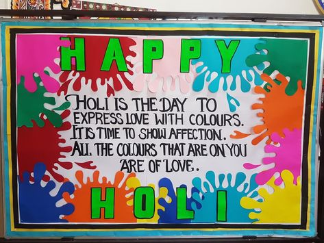 Bulletin Board Ideas For Holi, Holi Board Decoration Ideas For School, Holi Board Decoration, Holi Bulletin Board Decoration, Holi Charts For School, Holi Craft, Primary Classroom Displays, Holi Decoration, Soft Board Decoration