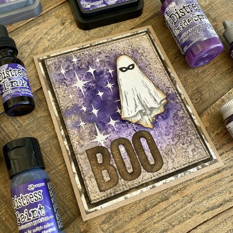 Boo! – iGirlZoe, Crafter & Tim Holtz Addict Halloween Doodles, Tim Holtz Crafts, Tim Holtz Stamps, Halloween Paper Crafts, Tim Holtz Cards, Halloween Cards Handmade, Distressed Painting, Halloween Paper, Distress Ink