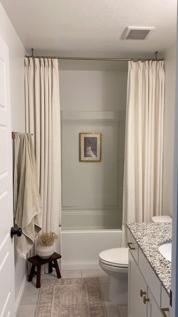 Bath Curtains Ideas, Small Walk In Shower With Curtain, Modern Classy Bathroom, Hall Bath Makeover, Aesthetic Bathroom Colors, Long Bathroom Curtain Ideas, Practical House Ideas, High Shower Curtain Ideas Bathroom, Tall Bathroom Curtains