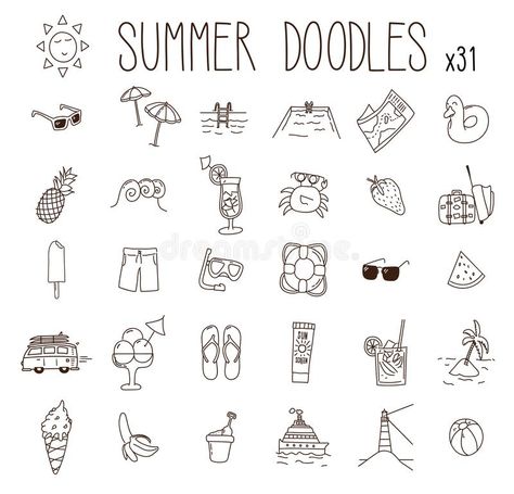 Vacation Calendar, Summer Doodles, Beach Sketches, Summer Drawings, Drawn Icons, Summer Journal, Doddle Art, Beach Drawing, Vector Doodle