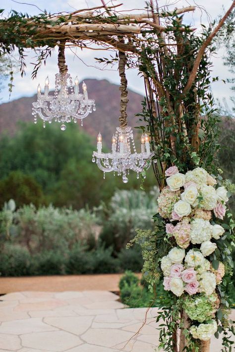 Rustic Outdoor Wedding, Wedding Chandelier, Romantic Wedding Inspiration, Outdoor Chandelier, Wedding Ceremony Flowers, Outdoor Weddings, Ceremony Flowers, Glam Wedding, Ceremony Decorations