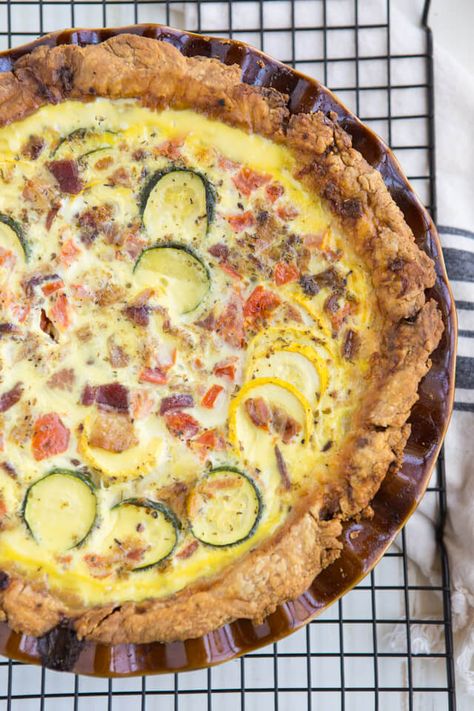 Summer Squash and Bacon Quiche Squash Quiche, Baked Summer Squash, Bacon Quiche Recipe, Summer Zucchini, Bacon Quiche, 8x8 Pan, Sweet Pies, Vegetable Shop, Summer Vegetables