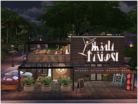 Industrial Restaurant Exterior, Cute Restaurant Exterior, Sims 4 Restaurant Ideas, Restaurant Tycoon 2 Designs, Ts4 Restaurant, Sims 4 Nightclub, Sims Restaurant, Restaurant Building, Sims Lots