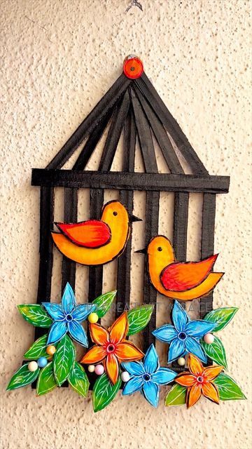 Cardboard Wall Decor, Cardboard Wall Hanging, Cardboard Wall, Cardboard Ideas, Bird Wall Hanging, Diy Cardboard Toys, Cardboard Fireplace, Recycled Door, Cardboard Castle