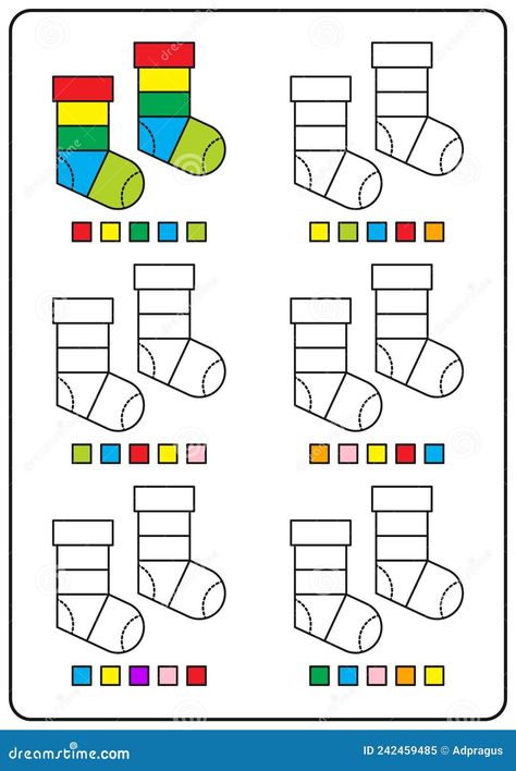 Instructional coloring pages, educational games for kids, preschool activities, printable worksheets. Simple cartoon vector illustration of colorful objects to learn colors. Color a pair of socks. Socks Activities Preschool, Preschool Activities Clothes, Sorting Clothes Activities For Preschool, Socks Coloring Page, Christmas Sock Worksheet, Winter Clothing Worksheet, Preschool Activities Printable, Educational Games For Kids, Simple Cartoon