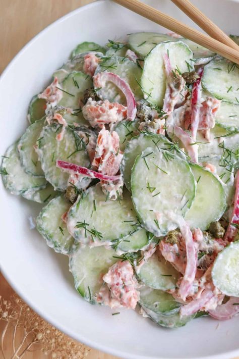 Cucumber Smoked Salmon Salad Recipe Smoked Salmon Salad Recipes, Smoky Salmon, Salmon Salad Recipe, Japanese Cucumber Salad, Smoked Salmon Cream Cheese, Smoked Salmon Salad, Cucumber Avocado Salad, Salmon Salad Recipes, Smoked Salmon Recipes