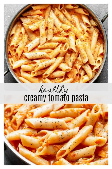 This Creamy Tomato Pasta Recipe is something we make at least a few times a month because it's easy to throw together and the whole family loves it! Bonus? It's packed with puréed carrots and Greek yogurt instead of cream, so it's also secretly healthy. A win for everyone. Pasta Sauce Greek Yogurt, Pasta Recipes With Greek Yogurt, Greek Yogurt Tomato Pasta Sauce, Pasta Yogurt Sauce, Healthy Creamy Tomato Pasta, Pasta With Greek Yogurt Sauce, Healthy Pasta Sauce Recipes Greek Yogurt, Greek Yogurt Pasta Recipes, Pasta Sauce With Greek Yogurt