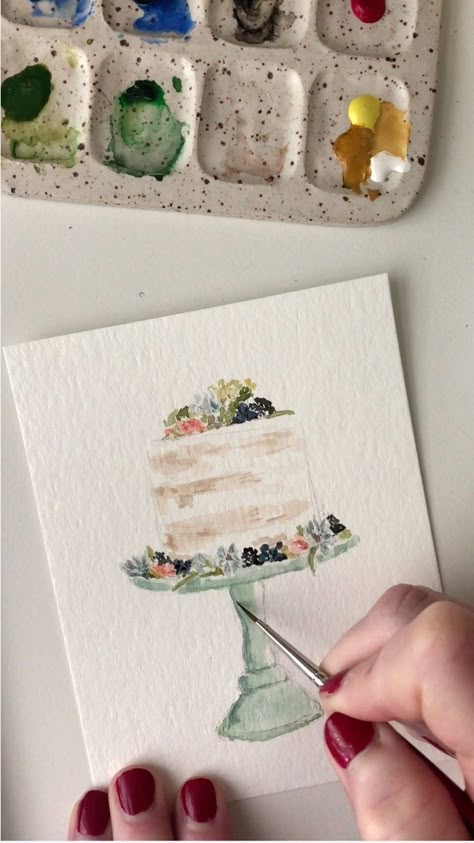 Emily Lex | A pretty naked cake on a pretty pedestal | Instagram Watercolor Wedding Cake, Custom Gift Ideas, Watercolor Birthday Cards, Watercolor Cake, Live Art, Learn Watercolor, Watercolor Birthday, Diy Watercolor Painting, Watercolour Inspiration