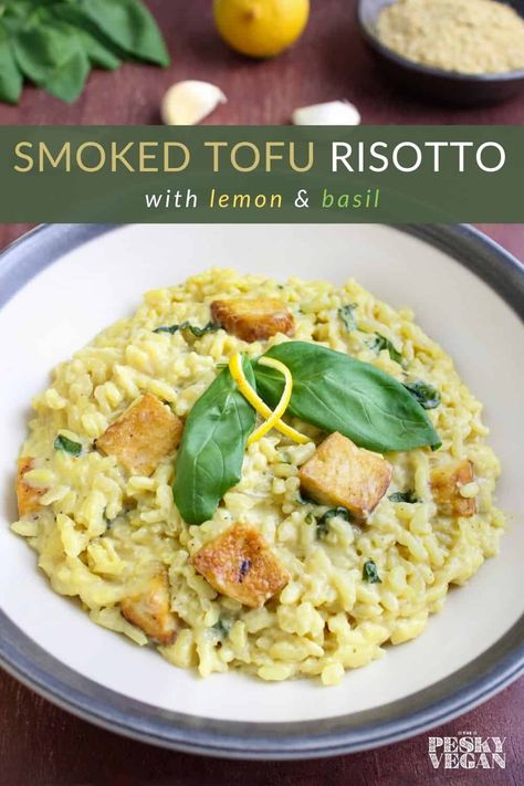 This vegan tofu risotto combines meaty smoked tofu pieces with fragrant lemon and basil for a delicious, creamy dish that's completely dairy-free. #vegan #glutenfree #veganrisotto #tofurecipe #smokedtofu #vegandinner Smoked Tofu Dishes, Tofu Risotto, Smoked Tofu Recipe, Smoked Tofu, Vegan Risotto, Beachbody Recipes, Vegan Tofu, Tofu Dishes, Egg Free Recipes