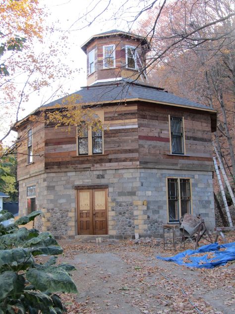 We are building a house. Not just any house, but an 1850s-style octagon house, the kind that used to be found here and there on the Midwestern prairie. For most of the construction we use existing materials that Jim has scrounged over the years. Read on and enjoy! — Jim & Sam Octagon Cabin, Octagon House Plans, House Plans Drawing, House Plans Layout, Concrete House Plans, Classic House Plans, Round House Plans, Octagon House, Yurt Living