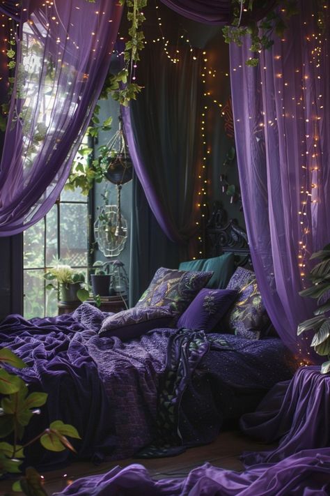 Transform your bedroom into a moody haven! 🌙 Discover 15 enchanting bedroom inspirations filled with deep tones, soft lighting, and cozy vibes. Perfect for creating a stylish, restful escape. #MoodyBedroom #BedroomInspo #HomeDecor Purple Gothic Bedroom, Deep Purple Bedroom, Blue And Purple Bedroom, Enchanting Bedroom, Purple Room Aesthetic, Moody Bedroom Ideas, Purple Bedroom Decor, Whimsical Bedroom, Moody Aesthetic