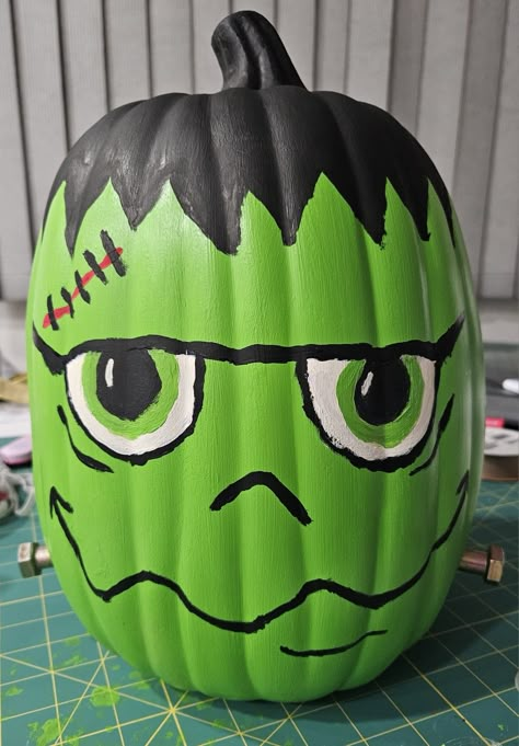 Groot Pumpkin Painting, Frankenstine Pumpkin Paint, Frankenstein Pumpkin Ideas, Frankinstine Pumpkin Painting Ideas, Painted Frankenstein Pumpkin, Pumpkin Frankenstein Face, Halloween Pumpkins Painted Easy, Pumpkin Painting Frankenstein, Frankenstein Painted Pumpkins