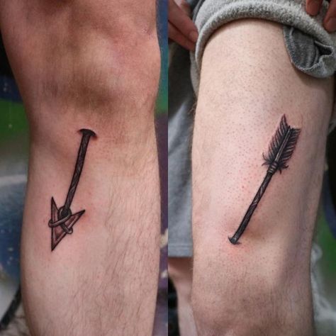 Elder Scrolls Tattoo, Bow Hunting Tattoos, Leg Tattoo Design, 108 Tattoo, Mens Tiger Tattoo, Skyrim Tattoo, The Knee Tattoo, Knee Tattoos, Lucky Tattoo