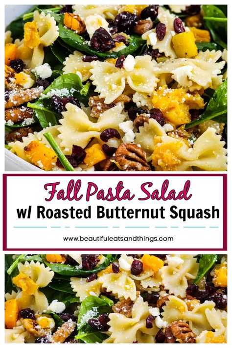 Fall Pasta Salad with Roasted Butternut Squash & Maple Dressing - Beautiful Eats & Things Autumn Pasta Salad, Thanksgiving Pasta Salad, Butternut Squash Pasta Salad, Fall Pasta Salad Recipes, Squash Pasta Salad, Fall Eating, Macro Lunches, Thanksgiving Pasta, Fall Pasta Salad