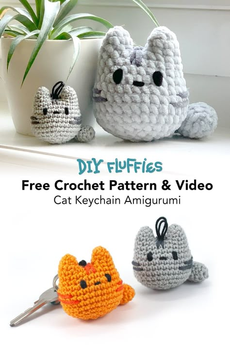 Crochet a cute cat with the easy free cat amigurumi pattern. Including full video tutorial on how to crochet this cute plush kitty cat toy. Crochet Kitty Purse Free Pattern, Crochet Tiny Cat Free Pattern, No Sew Cat Crochet Pattern Free, Crochet Kitty Pattern Free, Crochet Door Stopper Free Pattern, Crochet Cat Toys Free Pattern, Mini Cat Crochet, Mini Crochet Ideas, Teaching Crochet