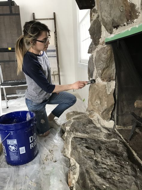 Diy Stone Fireplace, Fieldstone Fireplace, Reface Fireplace, Painted Stone Fireplace, White Wash Fireplace, Diy Fireplace Mantle, Stone Fireplace Makeover, River Rock Fireplaces, Craftsman Fireplace