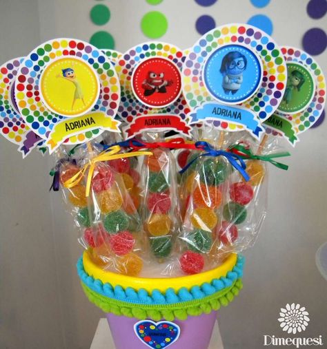 Inside Out | CatchMyParty.com Inside Out 2 Centerpieces, Inside Out Party Favors, Inside Out Food Ideas, Inside Out Birthday Party Decorations, Inside Out Birthday Party Ideas, Inside Out Birthday Party, Inside Out Party, Inside Out Party Ideas, Inside Out Birthday