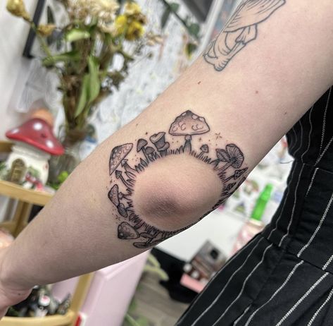 Traditional Mushroom Tattoo Design, Rose And Mushroom Tattoo, Mushroom Half Sleeve Tattoo, Mushroom Ring Tattoo Ankle, Elbow Mushroom Tattoo, Mushroom Ring Tattoo Elbow, Single Mushroom Tattoo, Mushroom Fairy Circle Tattoo, Happy Mushroom Tattoo