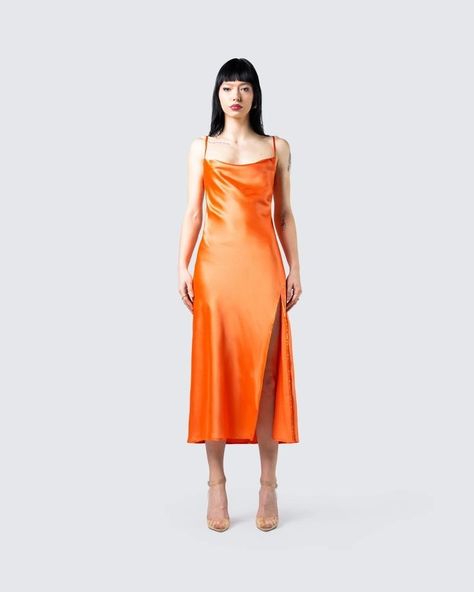 White Satin Midi Dress, Orange Satin Dress, Radiate Light, Bright Orange Dress, Fuzzy Skirt, White Corset Dress, Denim Pleated Skirt, Draped Mini Dress, Red Mini Skirt