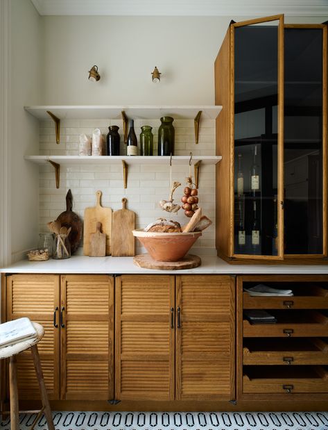 The pantry of dreams. Mid-century inspired oak cupboards from our Haberdasher's range, creamy stone worktops and open shelving. It's so good. #deVOLKitchens #WalkInPantry #Haberdashery Kitchen Devol, Traditional English Kitchen, Edinburgh Flat, Reclaimed Kitchen, Kitchen Cabinets Upgrade, Types Of Kitchen Cabinets, Kitchen 2024, Transitional Farmhouse, Oak Cupboard