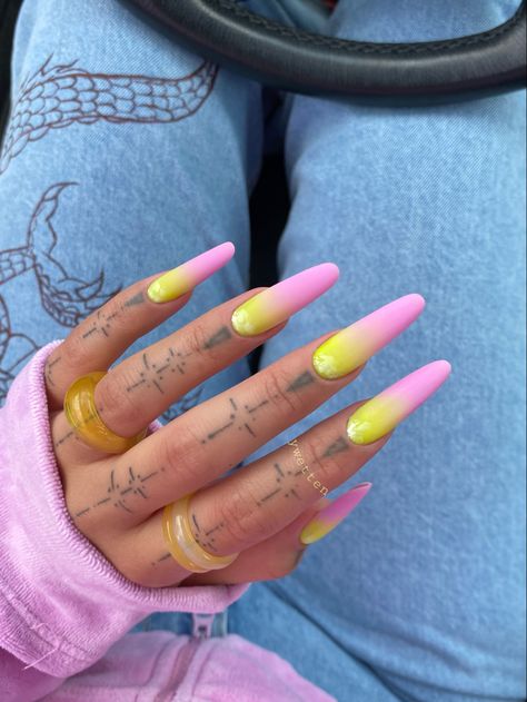 Pink Yellow Nails Ombre, Nail Designs Pink Ombre, Pink And Yellow Ombre Nails, Pink And Yellow Nail Designs, Yellow Pink Nails, Nails Pink Yellow, White French Tips With Glitter, Yellow And Pink Nails, French Tips With Glitter