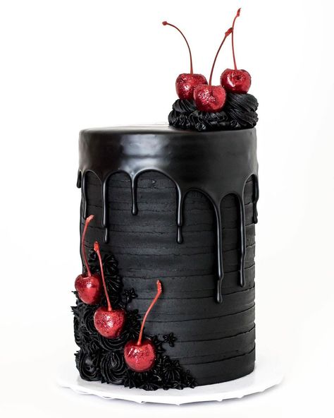 Brittanie on Instagram: “While an all black cake is something that makes me smile, I think black and red make for the ultimate romantic color combination!🖤🍒⁣ ⁣ This…” Red And Black Drip Cake, All Black Cake, Black Drip Cake, Everyday Cakes, Black Cake, Butter Icing, Drip Cake, Romantic Colors, Drip Cakes