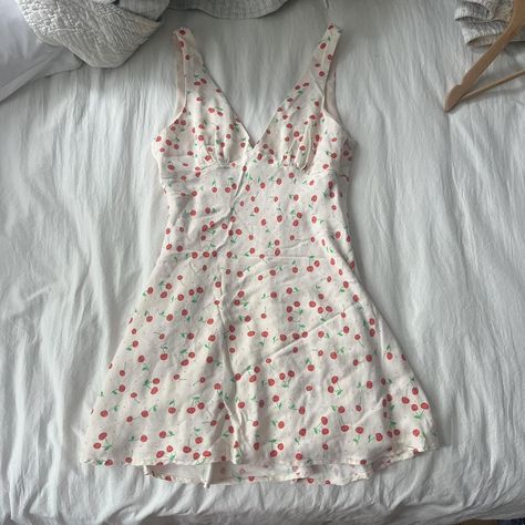 adorable white V-neck sundress with a adorabl cherry... - Depop Cute V-neck Beach Sundress, Cherry Sundress, V-neck Sundress With Lace Trim, Red Cherry Print Summer Dress, Cute Cherry Print Summer Dress, White Sundress, Cherry Print, Cruise Outfits, Heart Print