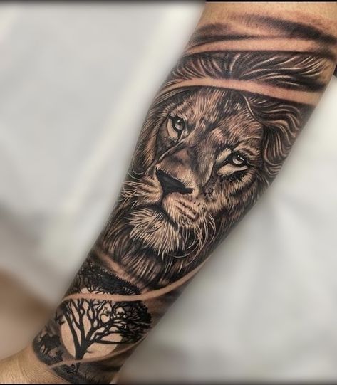 Best Lion Tattoos Men Arm, Forearm Tattoo Men Lion, Lion Men Tattoo, Lion Realism Tattoo, Outer Calf Tattoo, Best Calf Tattoos Men, Lion Arm Tattoo Men Sleeve, Lion Sleeve Tattoo Men Ideas, Lion Calf Tattoo