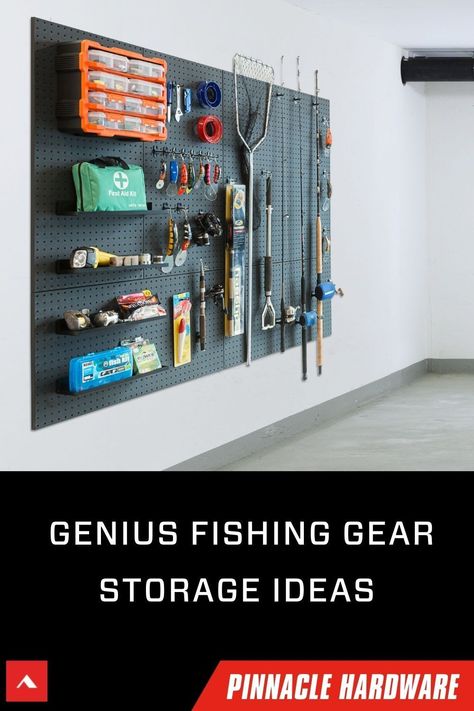 Bike Storage Garage Wall, Fishing Gear Organization, Fishing Organization, Pegboard Ideas, Fishing Gear Storage, Pegboard Garage, Organizing Tools, Bike Storage Garage, Gear Room