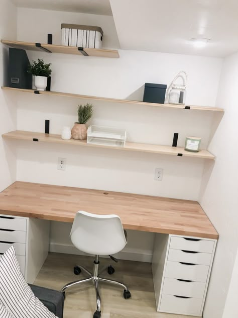 Ikea Desk Nook, Ikea Office Room Ideas, Desk Alex Ikea, Ikea Drawers For Desk, Corner Butcher Block Desk, Ikea Table Office, Butcher Block Closet Shelves, Ikea Worktop Desk, Ikea Butcher Block Desk Hack