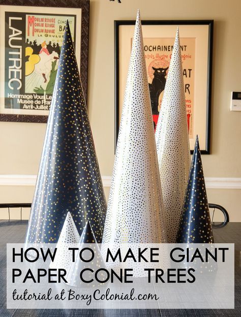 Make a whole forest of giant paper cone Christmas trees this year. Easy and inexpensive holiday craft idea. Complete tutorial at Boxy Colonial Paper Cone Christmas Trees, Trees For Christmas, Diy Paper Christmas Tree, Christmas Cones, Cone Trees, Diy Winter, How To Make Christmas Tree, Cone Christmas Trees, Holiday Tree Decorations