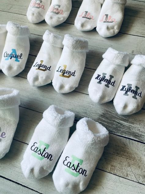 Baby Socks Personalized Baby Socks | Etsy Personalized Baby Stuff, Custom Baby Items, Diy Vinyl Projects, Personalized Baby Boy Gifts, Sublimacion Ideas, Baby Stocking, Sublimation Gifts, Idee Cricut, Cricut Baby