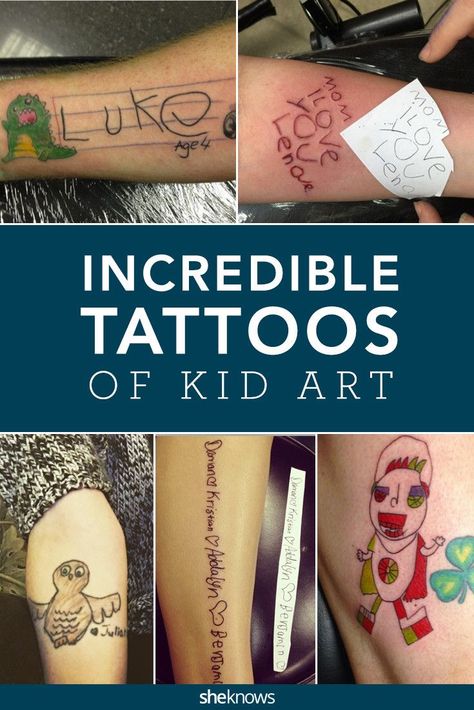 These parents loved their kids' artwork so much they had it inked on their own bodies. From love notes in their handwriting to adorable animals, check out some of the very best tattoos drawn by kids. #Tattoos Mother Tattoos For Children, Handwriting Tattoos, Kid Name Tattoo, Kids Handwriting, Tattoos With Kids Names, Writing Tattoos, Inspiration Tattoo, 4 Tattoo, Childrens Artwork