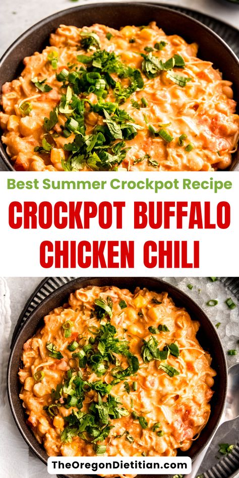 Spice up your summer meals with this easy and flavorful Buffalo Chicken Chili! Made in the crockpot, it combines tender chicken with zesty buffalo sauce and creamy cheese for a delicious twist on classic chili. This easy-to-make recipe is perfect for a laid-back summer dinner, offering a hearty, satisfying dish without heating up your kitchen. #summerdinnerrecipes #summercrockpotrecipes #buffalochicken Slow Cooker Buffalo Chicken Chili, Buffalo Chicken Soup Recipes, Buffalo Chicken Crockpot Recipes, Buffalo Chicken Soup Crockpot, Buffalo Chicken Chili Crockpot, Buffalo Chicken Meals, Buffalo Chicken Recipes Crockpot, Buffalo Crockpot, Buffalo Chili Recipe