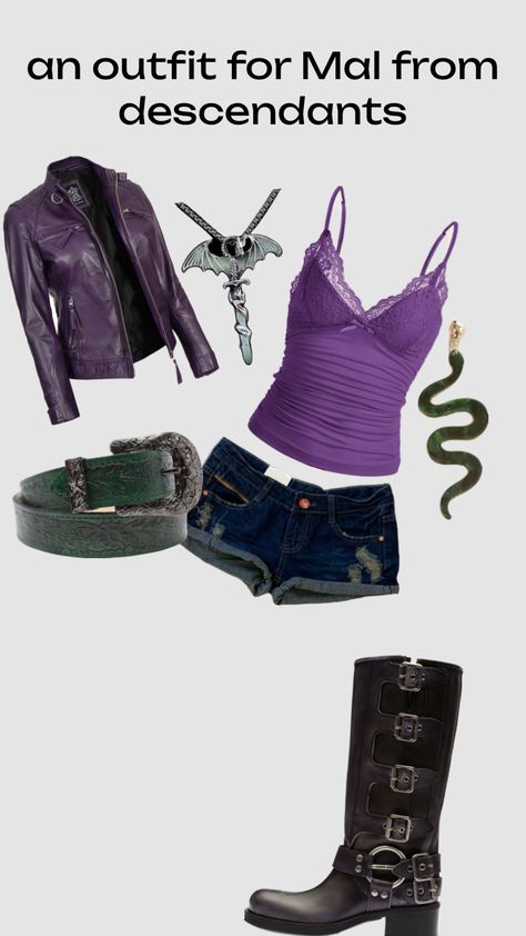 #descendants #mal #movies￼ Mal From Descendants Outfits, Descendants Style Outfit, Mal And Evie Costumes, Mal And Evie Halloween Costumes, Descendants Inspired Outfits Mal, Descendants Halloween Costumes, Mal Descendants Outfit, Mal Inspired Outfit, Mal Disneybound