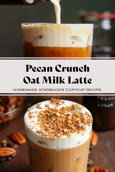 This Starbucks copycat Pecan Crunch Oat Milk Latte is the best fall and winter coffee drink! It's made with homemade pecan syrup and pecan praline crunch. It's so delicious, creamy, and easy to prep ahead. You'll love this latte for the holidays or anytime during the year! You can make it both hot and iced. Starbucks Pecan Syrup, Winter Coffee Syrup Recipe, Pecan Latte Starbucks, Pecan Starbucks Drink, Butter Pecan Syrup For Coffee, Pecan Syrup For Coffee, Starbucks Pecan Crunch Latte, Starbucks Oatmilk Drinks, Winter Latte Recipes