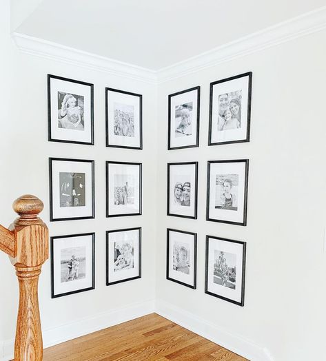 Corner Wall Photo Display, Picture Frames On Corner Wall, Corner Wall Gallery, Gallery Wall In Corner, Corner Wall Photo Gallery, Corner Gallery Wall Living Room, Corner Collage Wall, Corner Portrait Wall, Corner Photo Gallery Wall