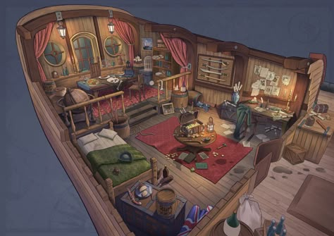 Ship Captains Quarters, Interior Concept Art, Pirate Ship Art, Pirate Aesthetic, Pirate Room, Captains Quarters, Pirate Boats, Ship Map, Pirate Stuff