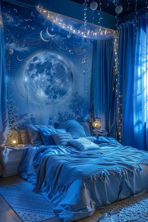 Purple And Blue Bedroom Ideas, Dark Fantasy Bedroom, Avatar Room, Celestial Room, Witchy Bedroom, Galaxy Room, Diffused Lighting, Bedroom Theme, Dream Bedroom Inspiration