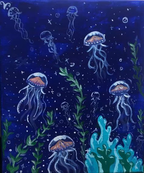 Jellyfish Painting Acrylic Easy, Jellyfish Painting Acrylic, Ocean Animal Painting, Jellyfish Acrylic Painting, Painting Jellyfish, Heaven Painting, Jellyfish Painting, Jellyfish Drawing, Watercolor Paintings Nature