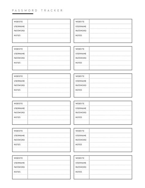 Goodnotes Password Template, Bujo Password Page, Journal Worksheets Free Printable, Password Tracker Template, Printable Lists Free, Printable Organization Sheets Free, Home Planner Printables Free, Tracker Template Free Printables, Journal Pages Template